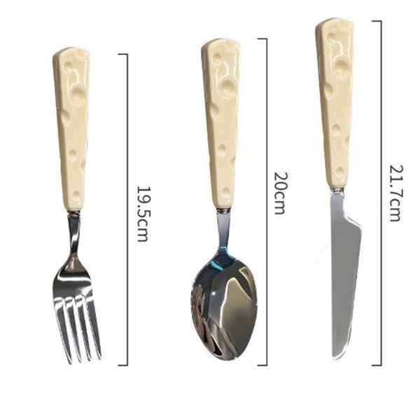 Tacamuri pentru Copii, Flippy, Set 3 Piese, Tacamuri pentru Dejun, Lingura Furculita Cutit, Stil Italian, Manere forma Cascaval Plastic, Inox, 23 cm, Auriu [3]