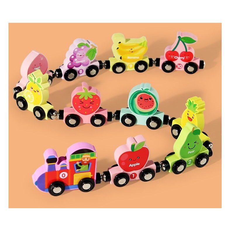 Trenulet Magnetic, Flippy, din Lemn, Model 10 Fructe, +3 Ani, Jucarie de Asamblat, Multicolor [4]