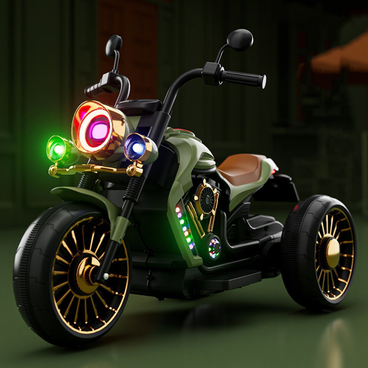 Tricicleta Electrica pentru Copii, Flippy, cu 2 Acumulatoare 380*2, 6V 4.5, Bluetooth, Sistem Anti-Rasturnare, Sistem de Lumini si Sunet, 6-8 Ani, 93 x 48 x 63 cm, Verde Negru [6]