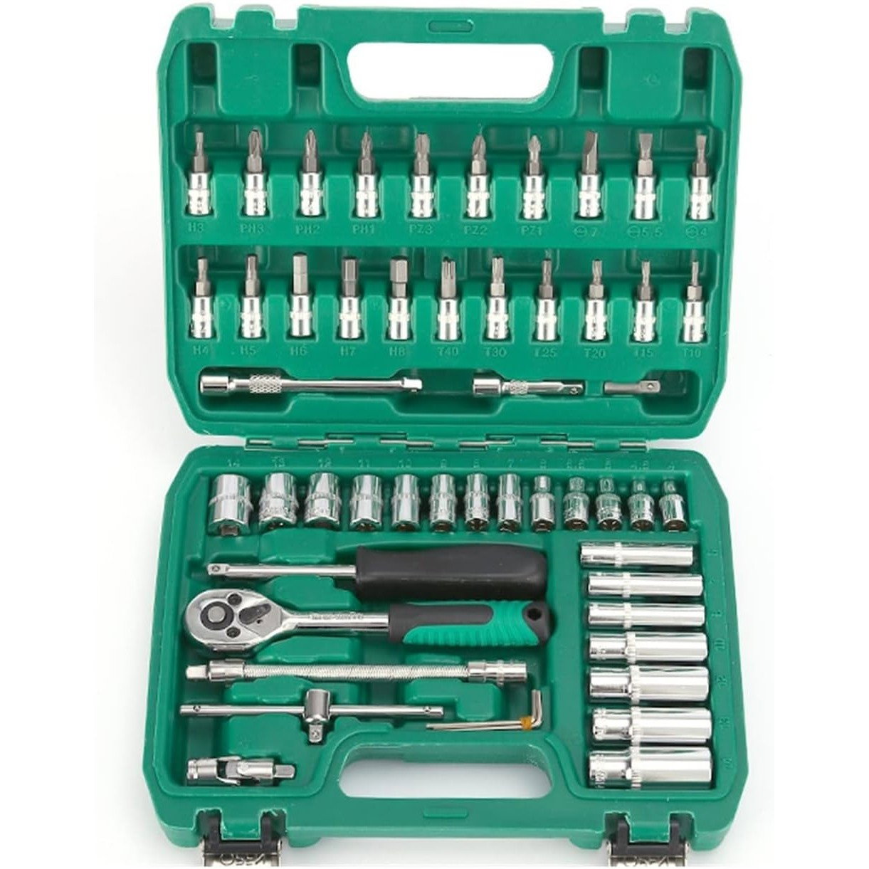 Trusa Chei Tubulare, Set 53 de Piese, Flippy, Surubelnita, Clichet, Tubulare, Imbus, Prelungitor, 27 x 20 x 5 cm, 1.7 kg, Cutie Verde [1]