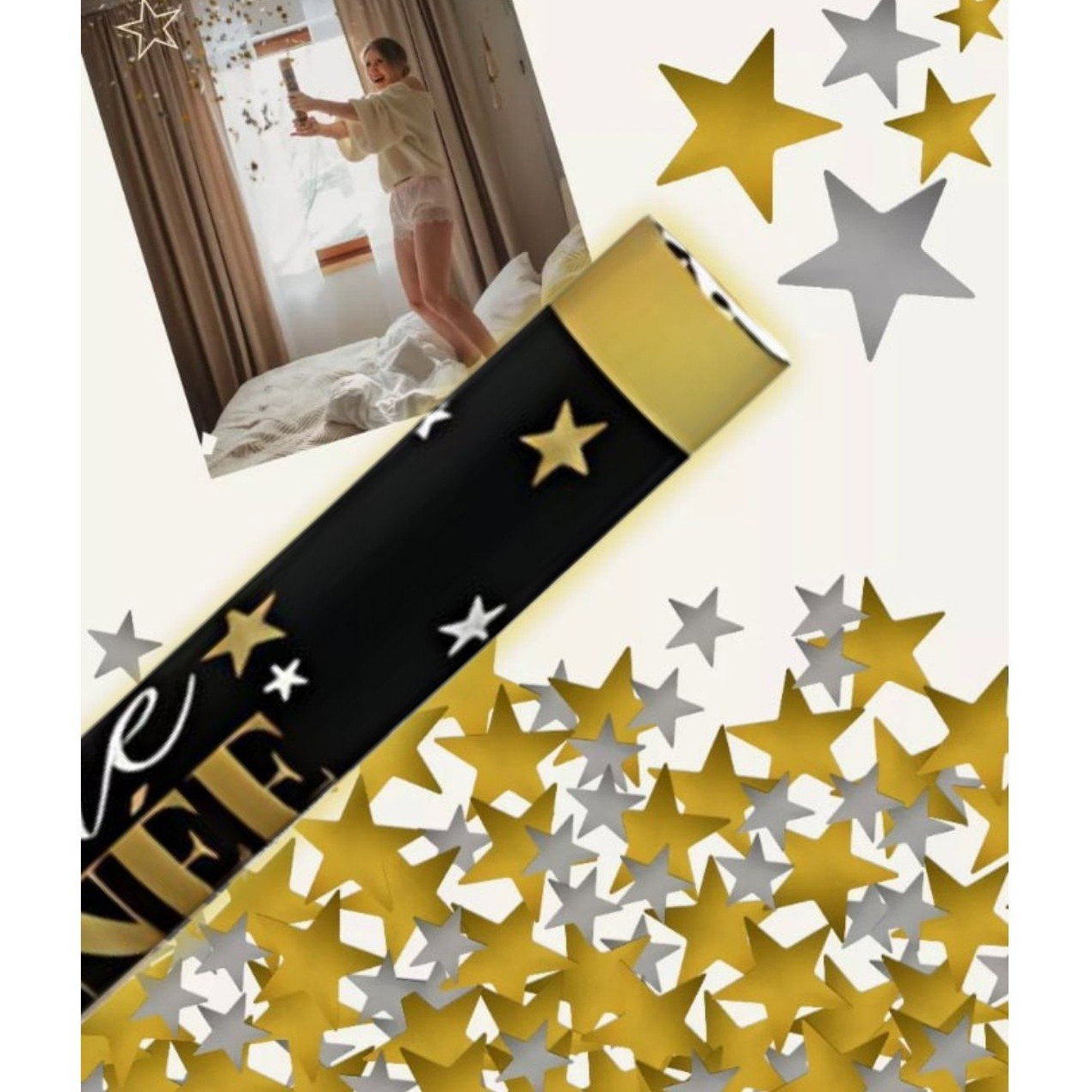 Tub de Confetti, Flippy, Bonne Annee, 40x5 cm, Confetii Stelute din Aluminiu, Auriu/Argintiu [1]