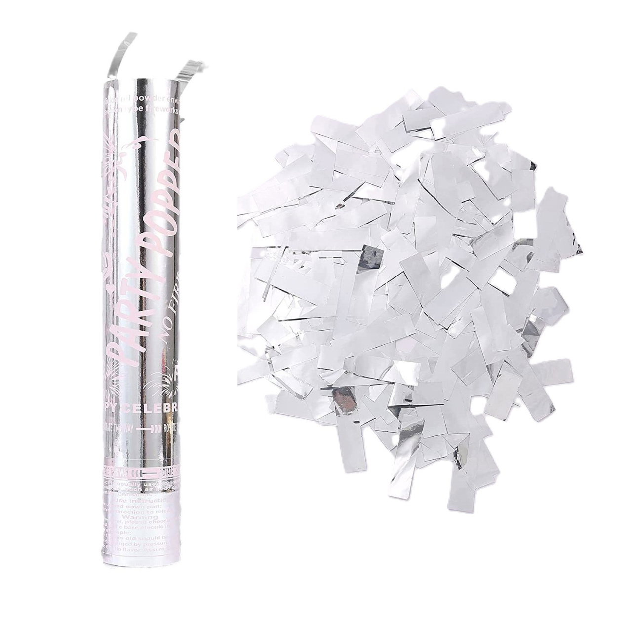 Tub de Confetti, Flippy, Party Popper, 30x5 cm, Confetii Lucioase Rezistente la Foc, Eliberare prin Rasucire, Argintiu [1]