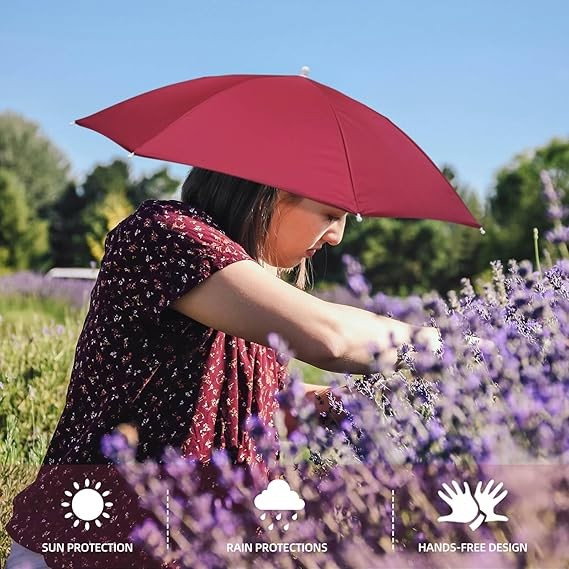 Umbrela de Cap, Flippy, Diametru 69 cm, Banda Elastica de Cap, Protectie UV/Ploaie, Rosu Inchis [2]