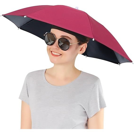 Umbrela de Cap, Flippy, Diametru 69 cm, Banda Elastica de Cap, Protectie UV/Ploaie, Rosu Inchis [3]