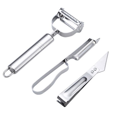 Pentru casa - Accesorii de Curatat Decojit Fructe Legume, Flippy, Set 3 Piese, Feliator Cutit Decojitor, Legume si Fructe, din Otel Inoxidabil, cu Maner, Argintiu