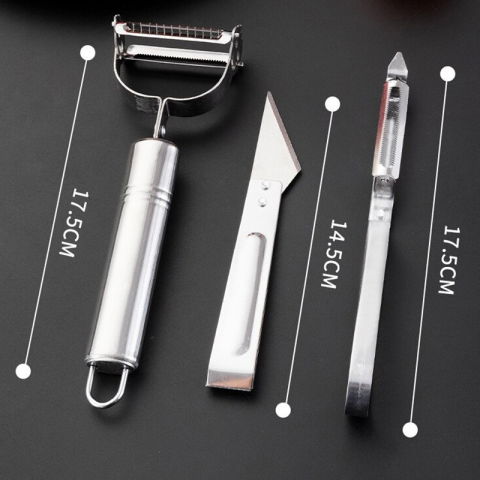 Pentru casa - Accesorii de Curatat Decojit Fructe Legume, Flippy, Set 3 Piese, Feliator Cutit Decojitor, Legume si Fructe, din Otel Inoxidabil, cu Maner, Argintiu