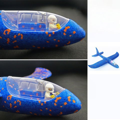 Jucarii Senzoriale, Fidget Toys - Avion Planor cu Pilot, Flippy, Din Polistiren, Cu Lumini in Cabina Pilotului, Lungime 47 cm, Albastru