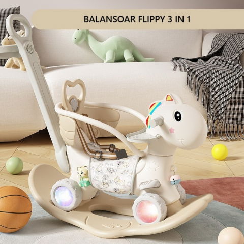 Masinute, Triciclete si Masinute Electrice - Balansoar pentru Copii, Flippy, 3in1, cu Spatar si Bara de Siguranta, Maner cu Cos de Basket, Tava de Masa, Roti Luminoase, 80 x 43 x 83 cm, din Plastic, + 3 Ani, Bej