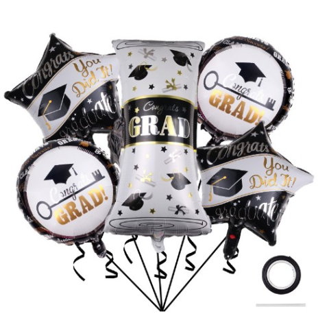TeoMarket - Baloane cu tematica Absolvire, Flippy, set din 5 baloane, 1 Figurina Diploma, 2 stele, 2 rotunde, din folie de aluminiu, 70 x 40 cm, Aer si Heliu, Alb Negru
