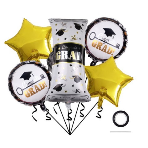 TeoMarket - Baloane cu tematica Absolvire, Flippy, set din 5 baloane, 1 Figurina Diploma, 2 stele, 2 rotunde, din folie de aluminiu, 70 x 40 cm, Aer si Heliu, Auriu Negru