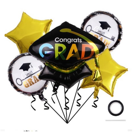 TeoMarket - Baloane cu tematica Absolvire, Flippy, set din 5 baloane, 1 Figurina Toca, 2 stele, 2 rotunde, din folie de aluminiu, 70 x 40 cm, Aer si Heliu, Auriu Negru