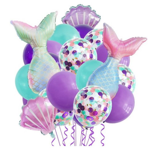 Import - Baloane decorative Aqua Sirene, Flippy, Set MIX 22 baloane, din folie de alumiu, 2 Sirene, 2 Scoici, 18 baloane din latex, 50 x 85 cm Adeziv si pai inclus, Mov Multicolor