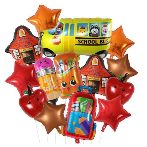 Import - Baloane decorative Back to School, Flippy, Set MIX 12 baloane, Autobuz Mere Stele Rechizite, din folie de aluminiu, 40 x 80 cm, Adeziv si pai inclus, Rosu Multicolor