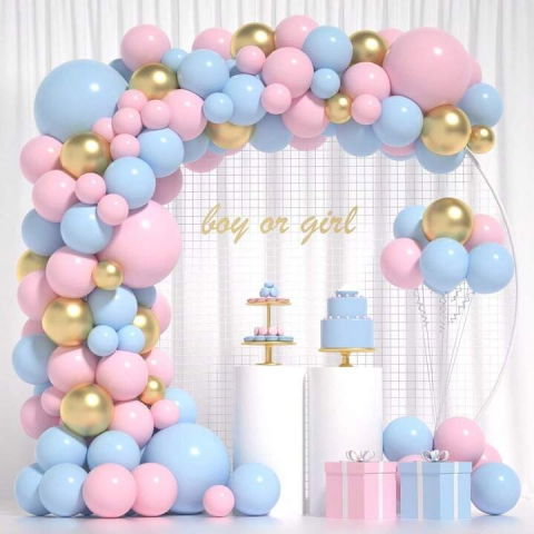 Seturi si Arcade Baloane - Baloane decorative pentru BABY SHOWER, Flippy, Arcada Set 106 baloane din latex, Model Petrecere, Baloane Party, 12 cm, 30 cm, 45 cm, Roz, Albastru, Gold
