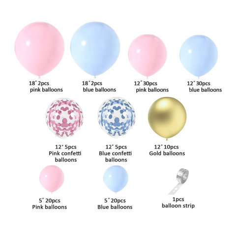 TeoMarket - Baloane decorative pentru GENDER PARTY, Flippy, Arcada Set 130 baloane, Arcul de Baloane Roz si Albastru, Baloane Confetti Aurii, Multicolor