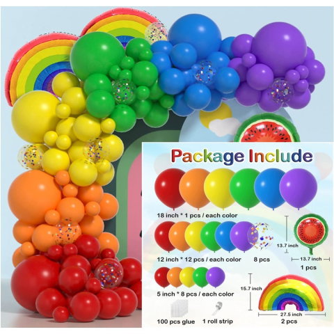 Import - Baloane decorative pentru PETRECERE, Flippy, Arcada Set MIX din 107 baloane, pentru Evenimente, Aniversari, Model Curcubeu, Rainbow, Multicolor