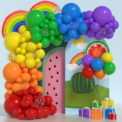 Import - Baloane decorative pentru PETRECERE, Flippy, Arcada Set MIX din 107 baloane, pentru Evenimente, Aniversari, Model Curcubeu, Rainbow, Multicolor