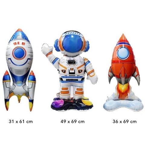 Seturi Baloane Folie - Baloane din Folie Metalizata, Flippy, set 3 Baloane pentru Baieti, Model Astronaut 49 x 69 cm, Racheta Alba 31 x 61 cm, Racheta Rosie 36 x 69 cm, Pai din carton inclus, Multicolor