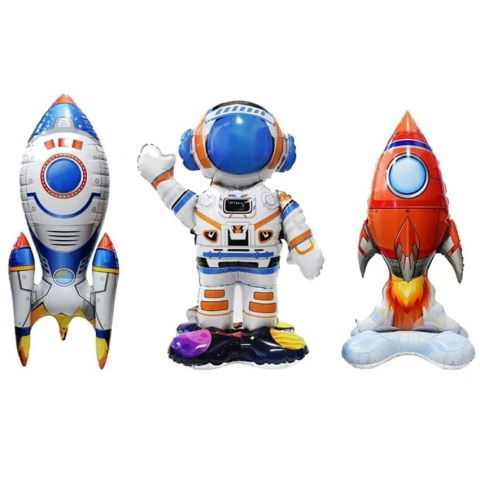 Seturi Baloane Folie - Baloane din Folie Metalizata, Flippy, set 3 Baloane pentru Baieti, Model Astronaut 49 x 69 cm, Racheta Alba 31 x 61 cm, Racheta Rosie 36 x 69 cm, Pai din carton inclus, Multicolor