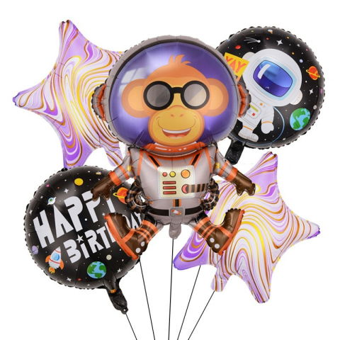 Seturi Baloane Folie - Baloane Model Maimutica Spatiala, Flippy, Set din 5 baloane, 1 Maimutica Astronaut, 2 Stele, 2 Rotunde, din folie de aluminiu, Adeziv si pai incluse, 78x45cm, Multicolor