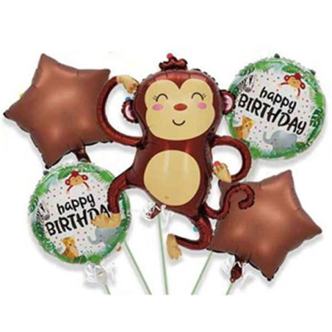 Seturi Baloane Folie - Baloane pentru aniversare, Flippy, tematica Happy Birthday, set 5 baloane, 1 Maimuta 85 x 89 cm, 2 Stele, 2 Rotunde, din folie de aluminiu, pai de carton inclus, Maro