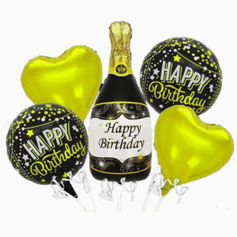 Import - Baloane pentru aniversare, Flippy, tematica Happy Birthday, set 5 baloane, 1 Sticla Sampanie 103 x 94 cm, 2 inimi, 2 rotunde, din folie de aluminiu, pai de carton inclus, Negru Auriu