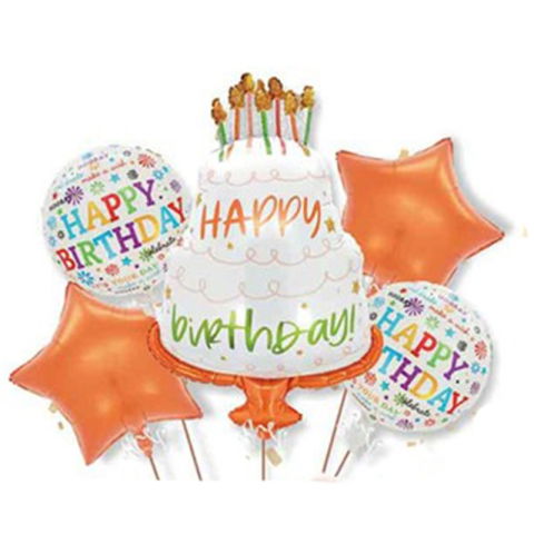Seturi Baloane Folie - Baloane pentru aniversare, Flippy, tematica Happy Birthday, set 5 baloane, 1 TORT 70 x 101 cm, 2 Stele, 2 Rotunde, din folie de aluminiu, pai de carton inclus, Portocaliu