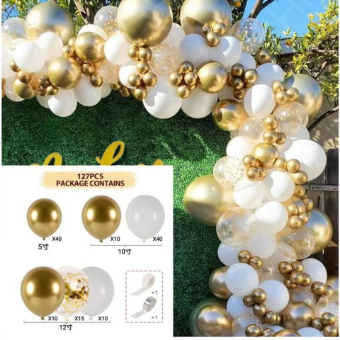 Import - Baloane pentru Arcada decorativa, Flippy, Set 127 baloane din Latex, Model Petrecere pentru Arcada, Baloane Party, 12 cm, 25 cm, 30 cm, Alb Gold