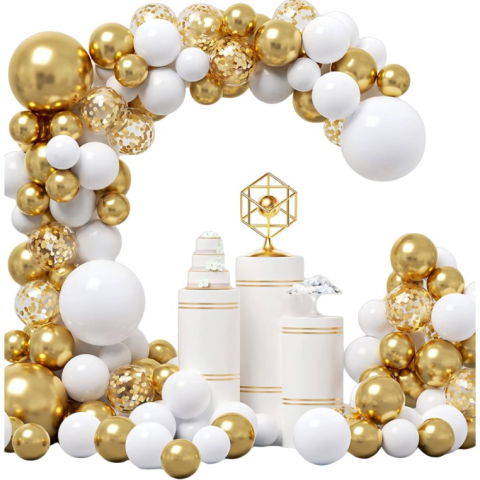 Seturi si Arcade Baloane - Baloane pentru Arcada decorativa, Flippy, Set 127 baloane din Latex, Model Petrecere pentru Arcada, Baloane Party, 12 cm, 25 cm, 30 cm, Alb Gold