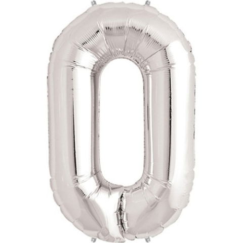 Cifre - Balon din Folie Flippy, Cifra 0, 81 cm, Pentru Aer sau Heliu, Bulk, Argintiu