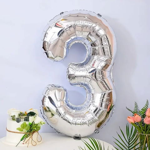 Cifre - Balon din Folie Flippy, Cifra 3, 81 cm, Pentru Aer sau Heliu, Bulk, Argintiu