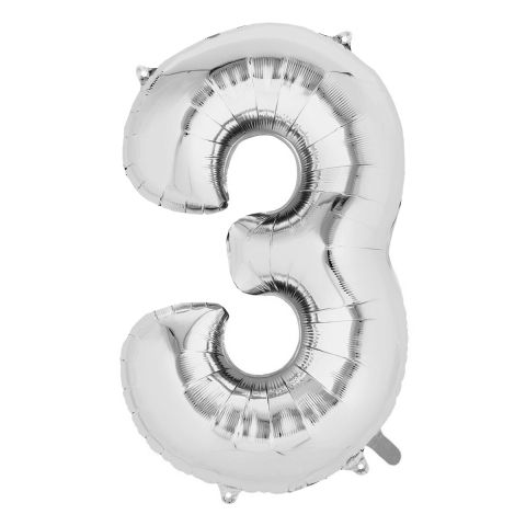 Cifre - Balon din Folie Flippy, Cifra 3, 81 cm, Pentru Aer sau Heliu, Bulk, Argintiu