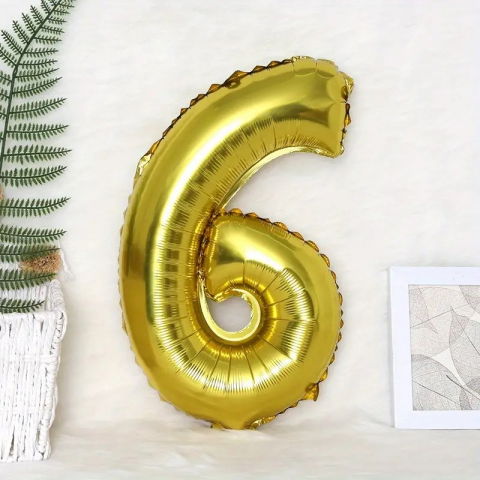 Cifre - Balon din Folie Flippy, Cifra 6, 81 cm, Pentru Aer sau Heliu, Bulk, Auriu