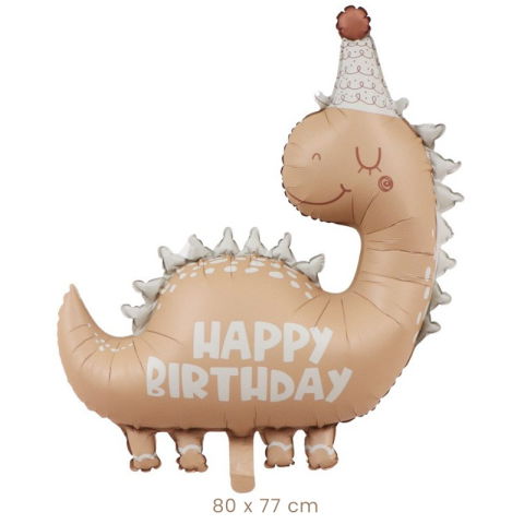 Figurine si Baloane 3D - Balon din Folie Metalizata, Flippy, Figurina Animata, Model Dinozaur Happy Birthday, 80 x 77 cm, Ambalaj Individual, Pai Inclus, Umflare cu Aer sau Heliu, Maro