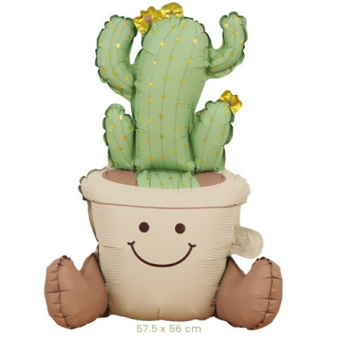 Figurine si Baloane 3D - Balon din Folie Metalizata, Flippy, Figurina Animata, Model Ghivechi Cactus, 57.5 x 56 cm, Ambalaj Individual, Pai Inclus, Umflare cu Aer sau Heliu, Verde