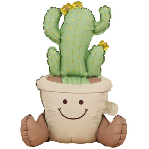 Figurine si Baloane 3D - Balon din Folie Metalizata, Flippy, Figurina Animata, Model Ghivechi Cactus, 57.5 x 56 cm, Ambalaj Individual, Pai Inclus, Umflare cu Aer sau Heliu, Verde