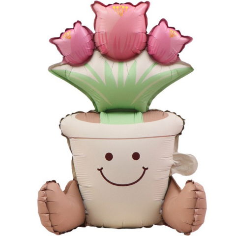 Figurine si Baloane 3D - Balon din Folie Metalizata, Flippy, Figurina Animata, Model Ghiveci de Flori, 58 x 55 cm, Ambalaj Individual, Pai Inclus, Umflare cu Aer sau Heliu, Roz