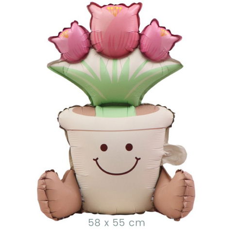 Figurine si Baloane 3D - Balon din Folie Metalizata, Flippy, Figurina Animata, Model Ghiveci de Flori, 58 x 55 cm, Ambalaj Individual, Pai Inclus, Umflare cu Aer sau Heliu, Roz