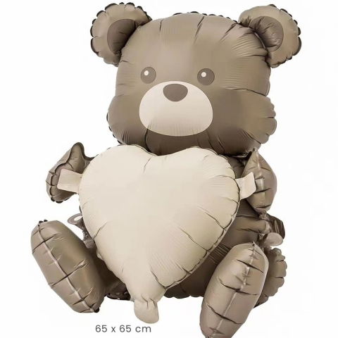 Figurine si Baloane 3D - Balon din Folie Metalizata, Flippy, Figurina Animata, Model Ursulet cu Inima, 65 x 65 cm, Ambalaj Individual, Pai Inclus, Umflare cu Aer sau Heliu, Maro