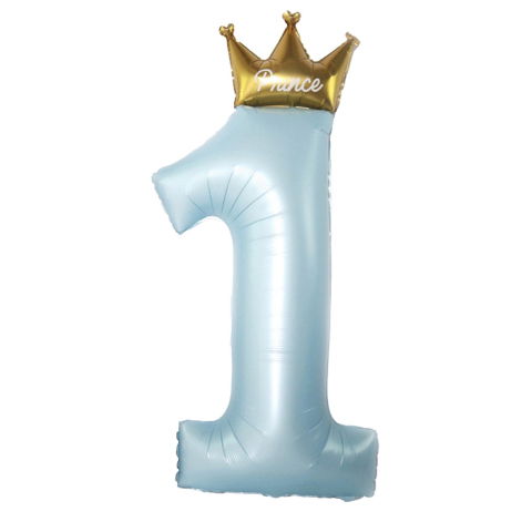 Cifre - Balon din Folie Metalizata, Flippy, Figurina Cifra 1, Model Coroana Print, 91 cm, Ambalaj Individual, Pai inclus, Umflare cu Aer sau Heliu, Albastru
