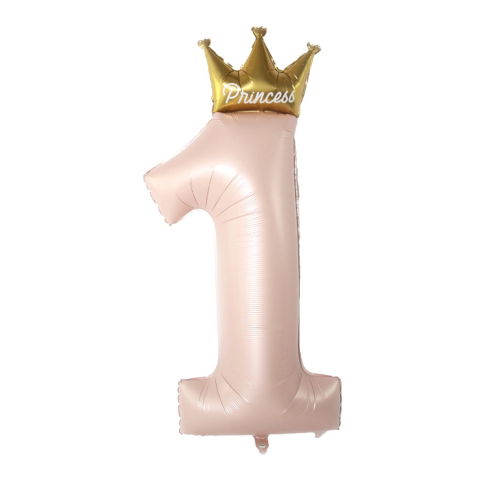 Cifre - Balon din Folie Metalizata, Flippy, Figurina Cifra 1, Model Coroana Printesa, 91 cm, Ambalaj Individual, Pai inclus, Umflare cu Aer sau Heliu, Roz