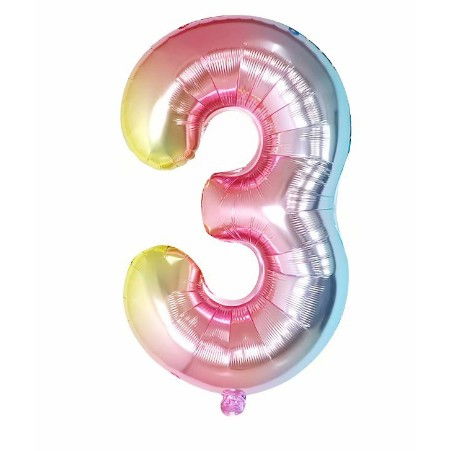 Cifre - Balon din Folie Metalizata Flippy, Figurina Cifra Gradient, Tema Aniversare 40 cm, Ambalaj Individual, Pai inclus, Umflare cu Aer sau Heliu, Multicolor, Cifra 3