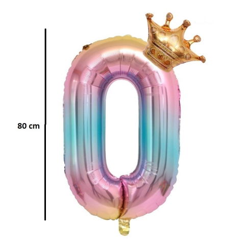 Cifre - Balon din Folie Metalizata, Flippy, Figurina Cifra Gradient, Tema Aniversare 80 cm, Ambalaj Individual, Pai inclus, Umflare cu Aer sau Heliu, Coronita, Cifra 0