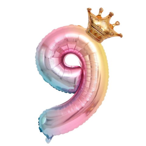 Cifre - Balon din Folie Metalizata, Flippy, Figurina Cifra Gradient, Tema Aniversare 80 cm, Ambalaj Individual, Pai inclus, Umflare cu Aer sau Heliu, Coronita, Cifra 9
