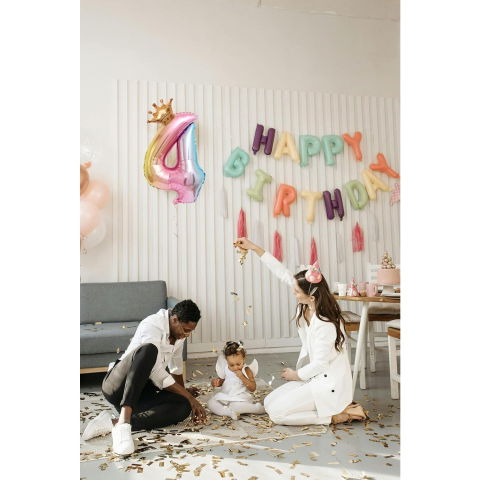 Cifre - Balon din Folie Metalizata, Flippy, Figurina Cifra Gradient, Tema Aniversare 80 cm, Ambalaj Individual, Pai inclus, Umflare cu Aer sau Heliu, Coronita, Cifra 4