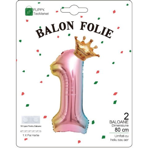 Cifre - Balon din Folie Metalizata, Flippy, Figurina Cifra Gradient, Tema Aniversare 80 cm, Ambalaj Individual, Pai inclus, Umflare cu Aer sau Heliu, Coronita, Cifra 1