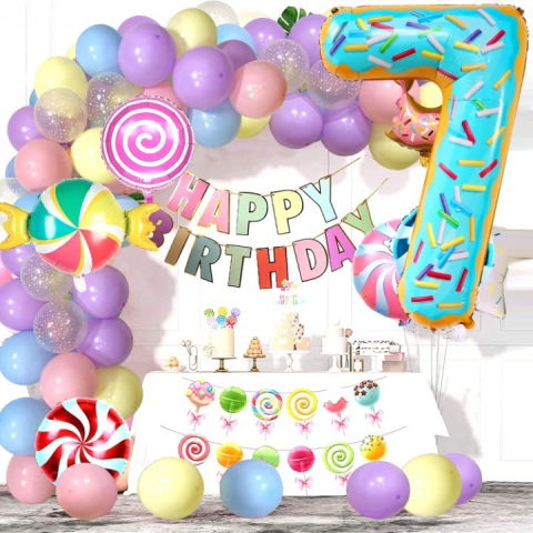 Cifre - Balon din Folie Metalizata Flippy, Figurina Cifra, Imprimeu Gogosi, Tema Aniversare 100 cm, Ambalaj Individual, Pai inclus, Umflare cu Aer sau Heliu, Multicolor, Cifra 7