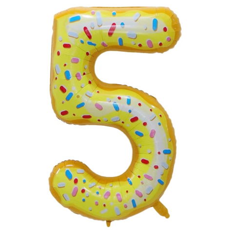 Cifre - Balon din Folie Metalizata Flippy, Figurina Cifra, Imprimeu Gogosi, Tema Aniversare 100 cm, Ambalaj Individual, Pai inclus, Umflare cu Aer sau Heliu, Multicolor, Cifra 5