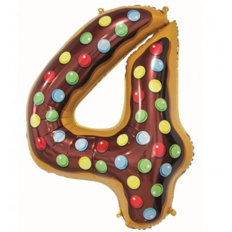 Cifre - Balon din Folie Metalizata Flippy, Figurina Cifra, Imprimeu Gogosi, Tema Aniversare 100 cm, Ambalaj Individual, Pai inclus, Umflare cu Aer sau Heliu, Multicolor, Cifra 4