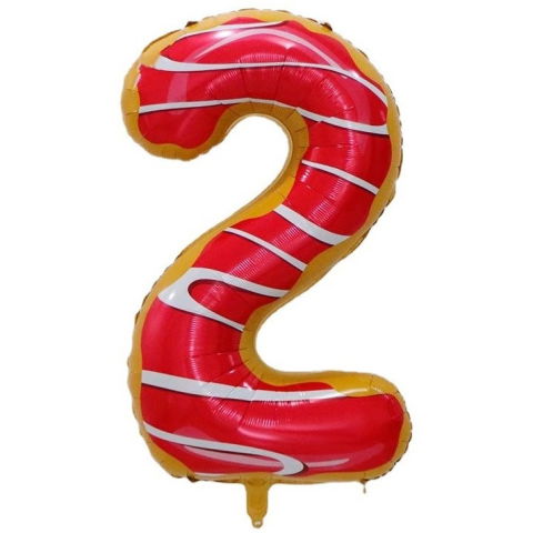 Cifre - Balon din Folie Metalizata Flippy, Figurina Cifra, Imprimeu Gogosi, Tema Aniversare 100 cm, Ambalaj Individual, Pai inclus, Umflare cu Aer sau Heliu, Multicolor, Cifra 2